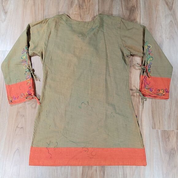 🔹️Orange & Olive Multicolor Embroider Print & Tie Sleeve Kurta/Swim Coverup - Picture 2 of 10